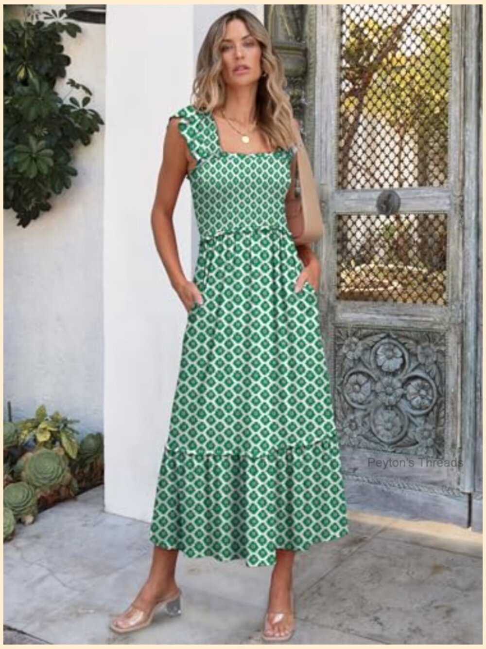 Sleeveless Maxi Dress Square Neck Smocked Boho Ruffle Strap Flowy A-Line Long - Picture 3 of 6